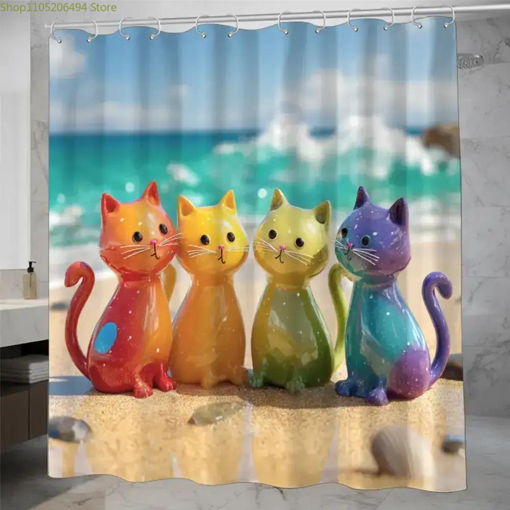 Home Decor Bathroom Ideas - Красочная душевая занавеска с радужными котиками: